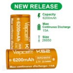 Baterie Vapcell 26650 K62 de 6200 mAh, 15 A, cu polul pozitiv proeminent » Lanternaputernica.RO