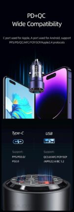 Încărcător auto, USAMS US-CC208 C39 60 W, 1 USB-C + 1 USB-A, 2 ieșiri CC208CC01 » Lanternaputernica.RO