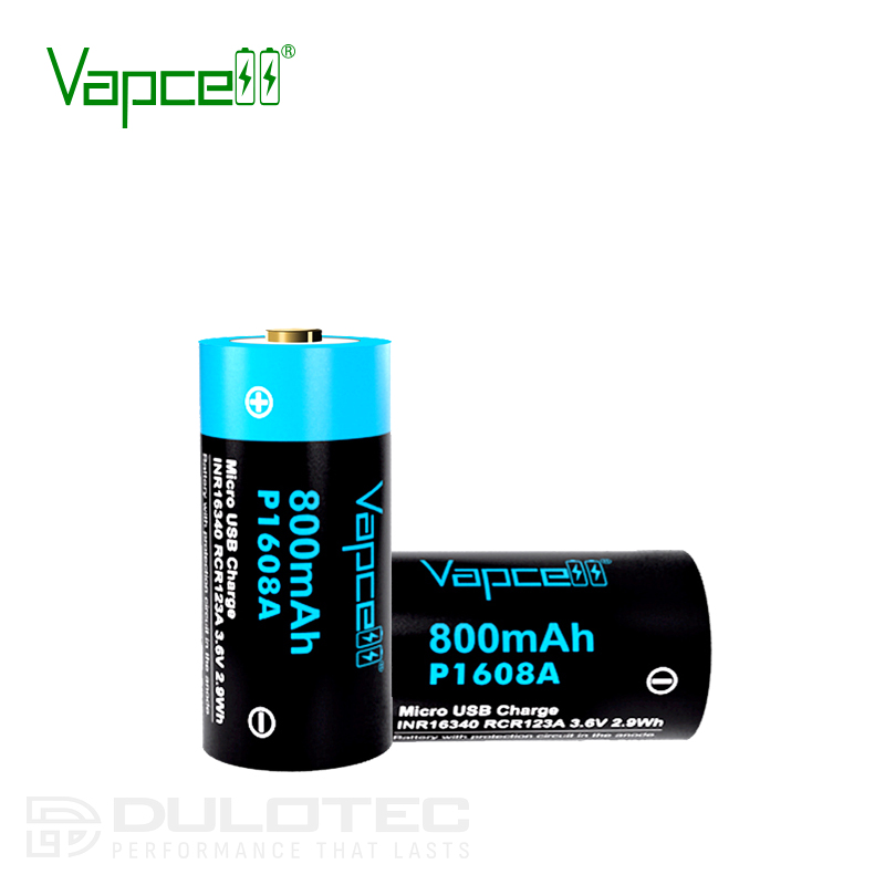 Baterie Vapcell P1608A 16340 de 800 mAh cu sistem de protecție și încărcare prin micro USB » Lanternaputernica.RO