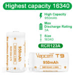 Baterie Vapcell 16340 T9 950 mAh 3A » Lanternaputernica.RO